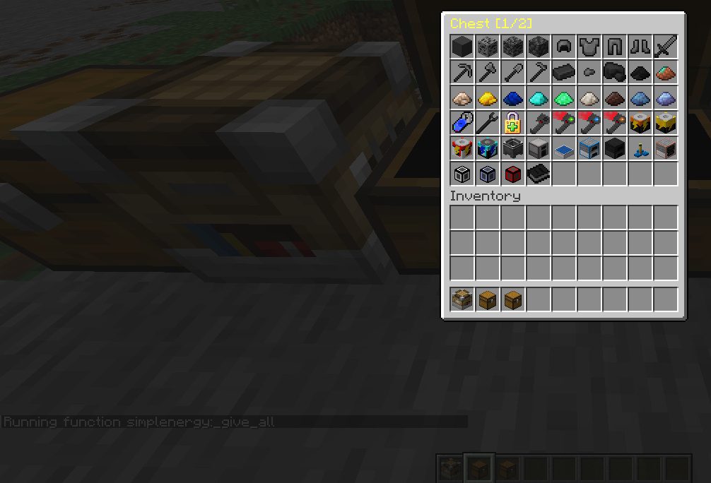The _give_all function filling named chests with every item of a pack